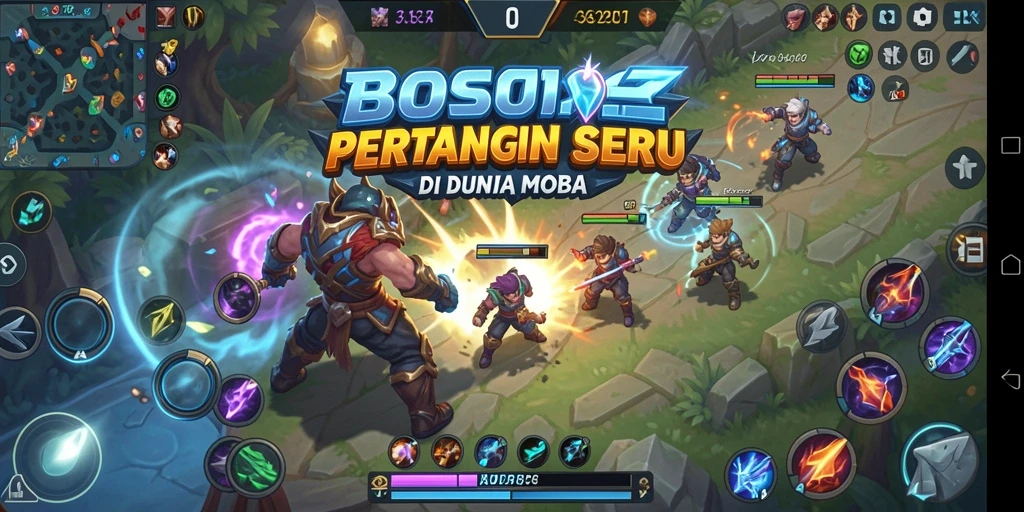 Screenshot utama BOS01 menampilkan intensitas gameplay MOBA yang seru.