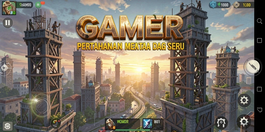 Screenshot menunjukkan aksi menara yang menanggulangi musuh dalam GAMERP.