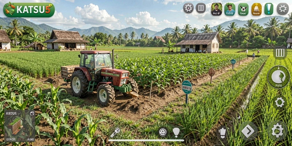 Screenshot gameplay KATSU5 dengan tampilan pertanian yang menawan dan interaksi pemain.