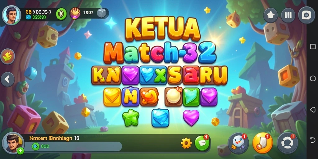 Tampilan gameplay <strong>KETUA</strong> dengan elemen Match-3 yang cerah dan menarik.