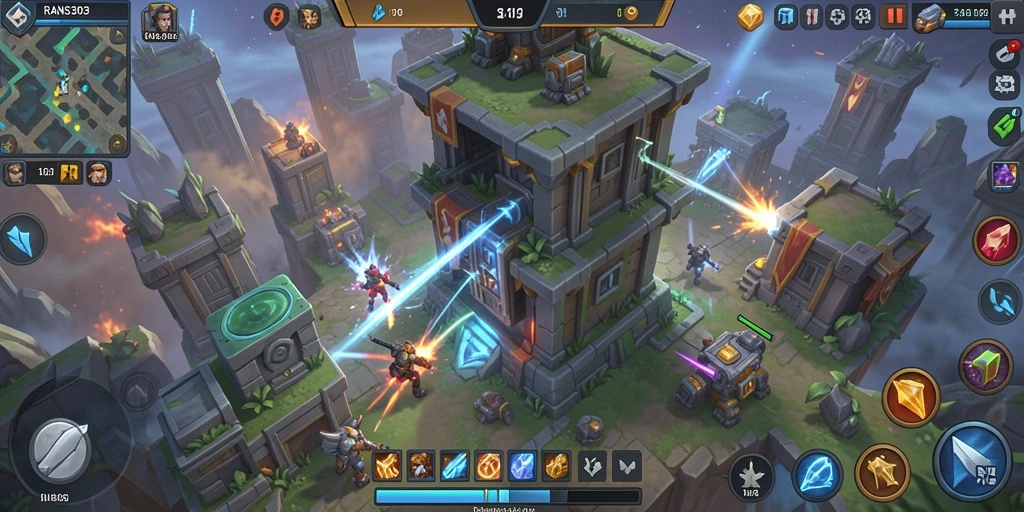 Screenshot RANS303 menampilkan aksi menara dalam pertempuran Tower Defense.