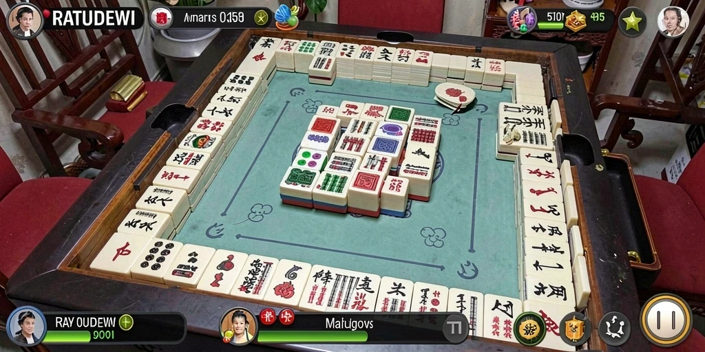Tampilan gameplay menarik dalam RATUDEWI dengan ubin Mahjong berwarna.