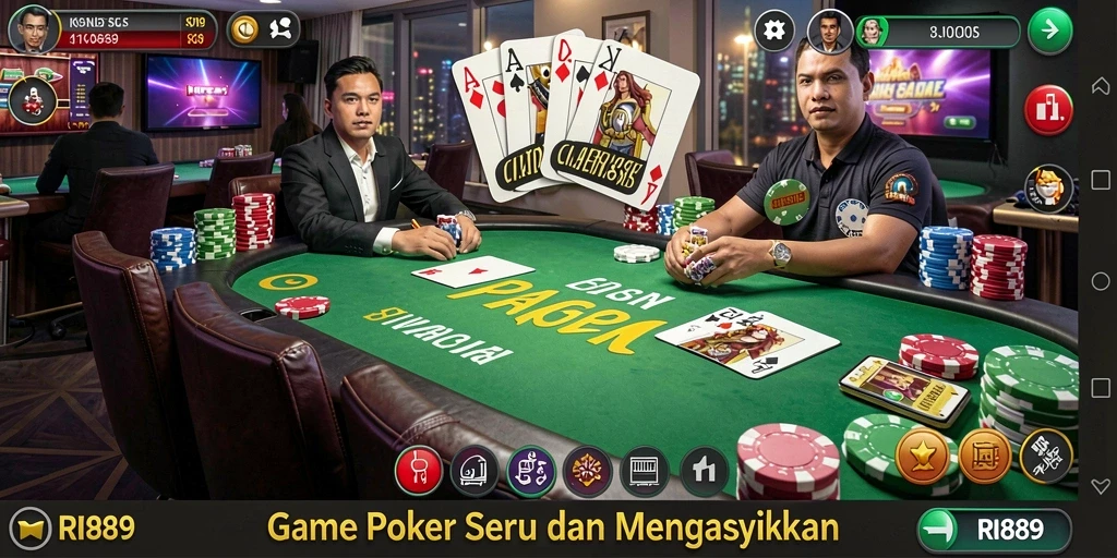 Screenshot utama dari RI889 yang menunjukkan gameplay poker yang mendebarkan.