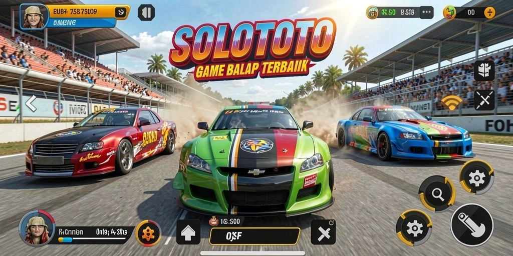 Gameplay seru SOLOTOTO dengan mobil balap di lintasan.