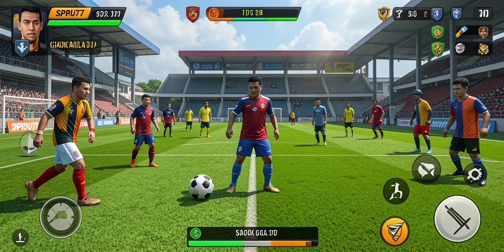 Tampilan gameplay menarik dari SPBU77 yang menampilkan aksi sepak bola.