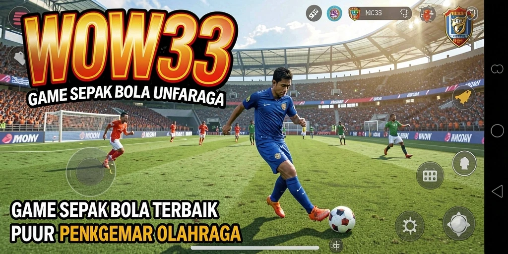 Tangkapan layar utama WOW33 menampilkan pertandingan sepak bola yang mendebarkan.